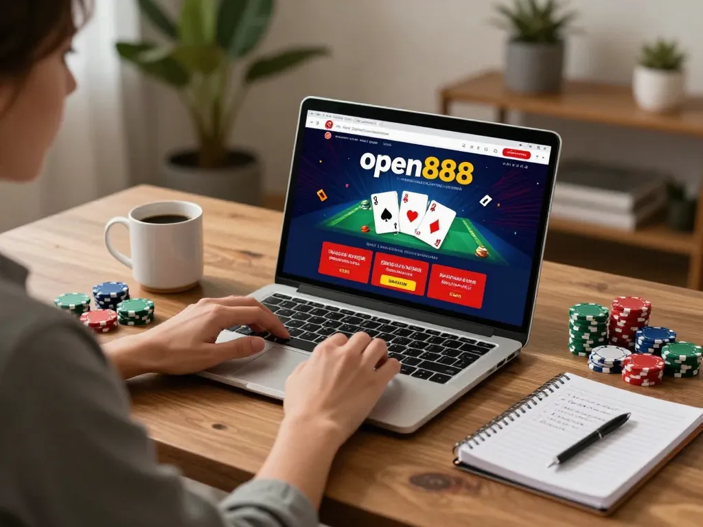 Engaging with the open888 online casino interface in a cozy home office setup.