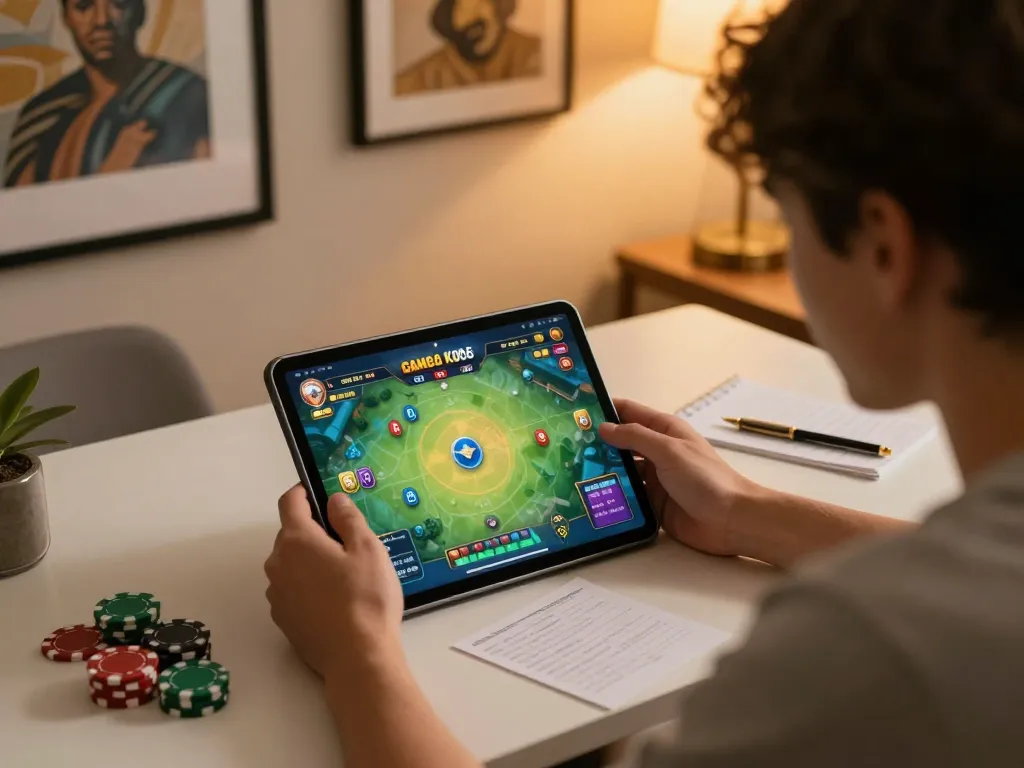 Engaging player immersed in Game bài KO66 on a tablet with strategic notes around.