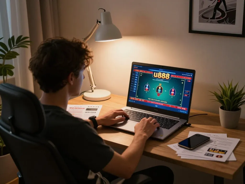 Player engaging with u888 live dealer game on laptop in cozy home office