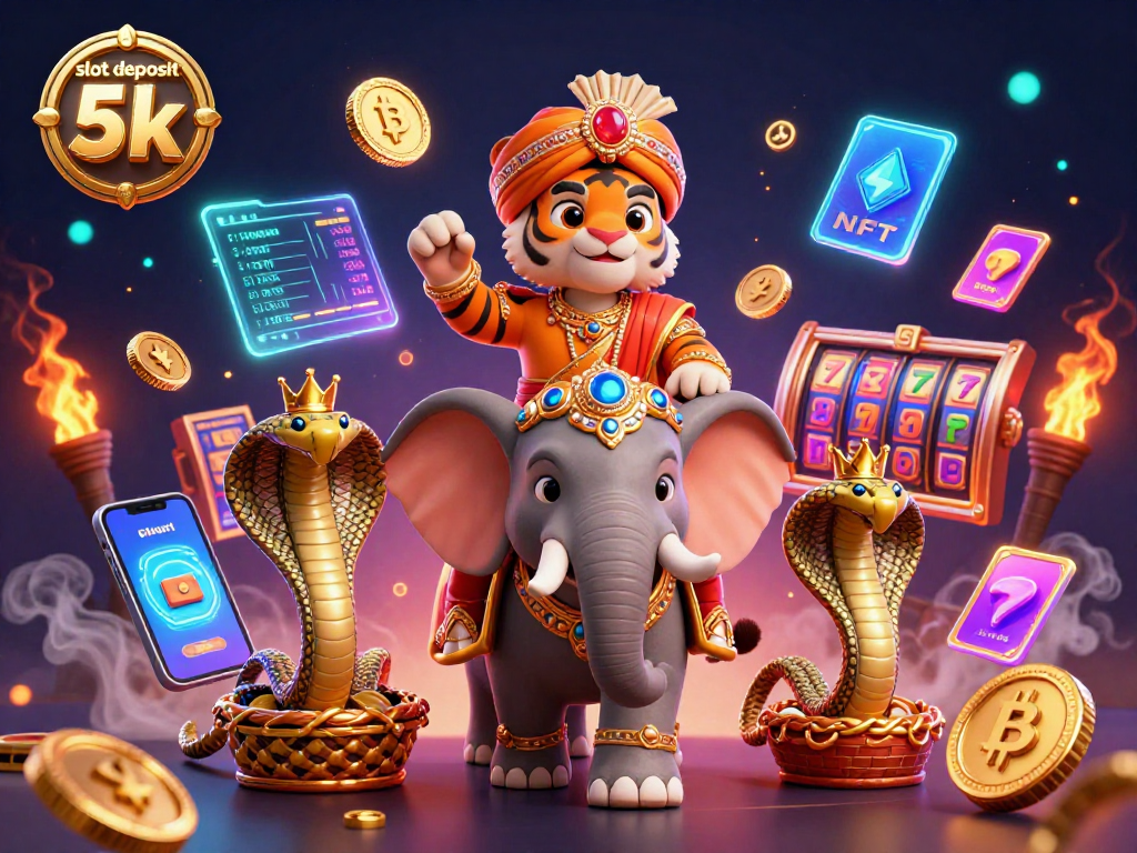 Experience the thrill of slot deposit 5k with a vibrant 3D casino illustration featuring a maharaja tiger.