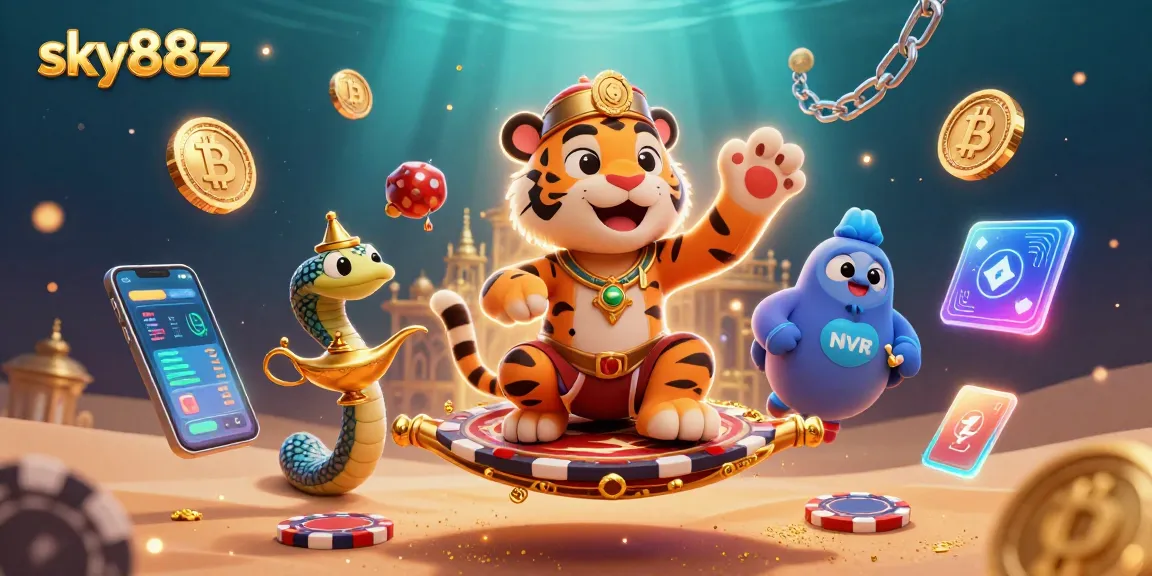 Engage with sky88z's vibrant 3D casino adventure featuring a tiger sultan, crypto coins, and dazzling game elements.