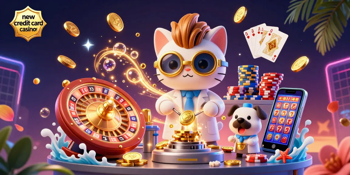 Experience the excitement of new credit card casinos with a vibrant scene including a mad scientist cat and lab assistant, surrounded by cascading coins and gaming elements.
