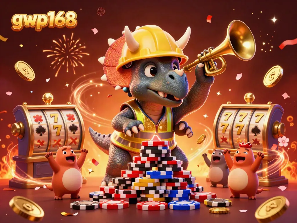 GWP168 menghadirkan pengalaman bermain slot yang seru dengan karakter dinosaurus dalam perayaan kemenangan.