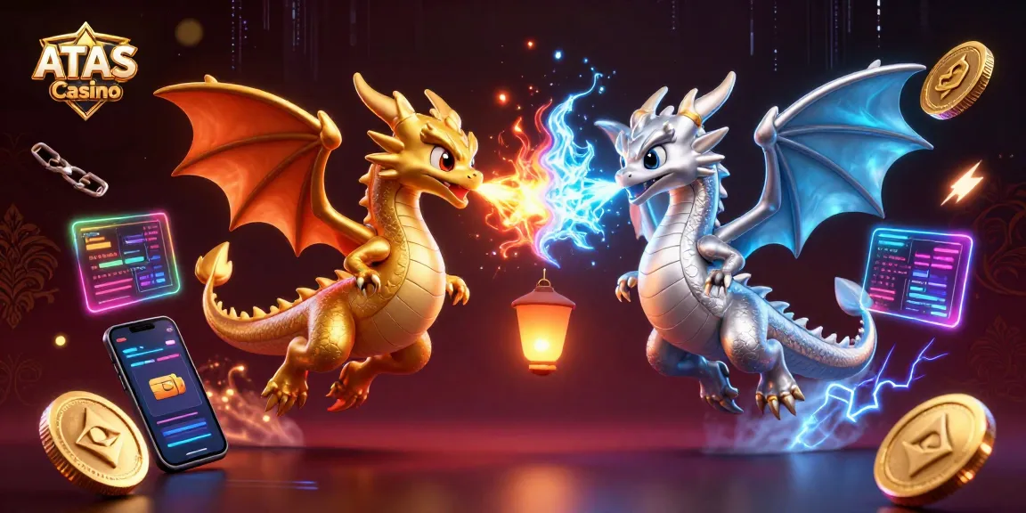 Experience the thrill of ATAS Casino with vibrant dragons battling amidst cryptocurrency elements.