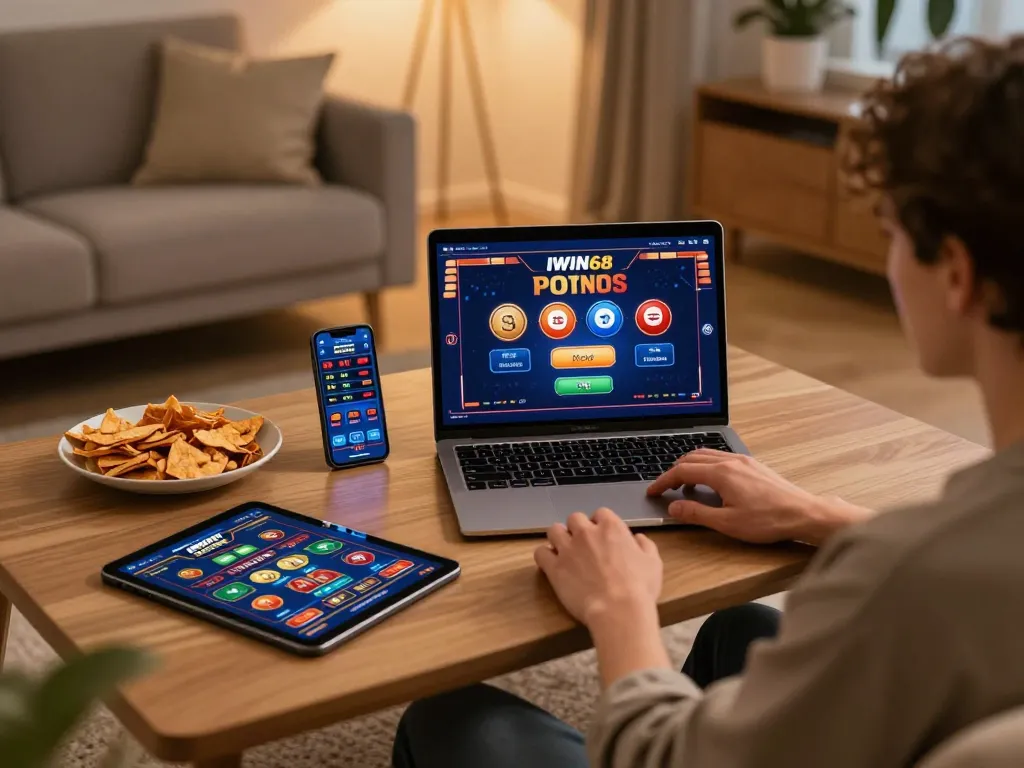 IWIN68 user engaging in online casino gameplay at home with gaming devices and snacks