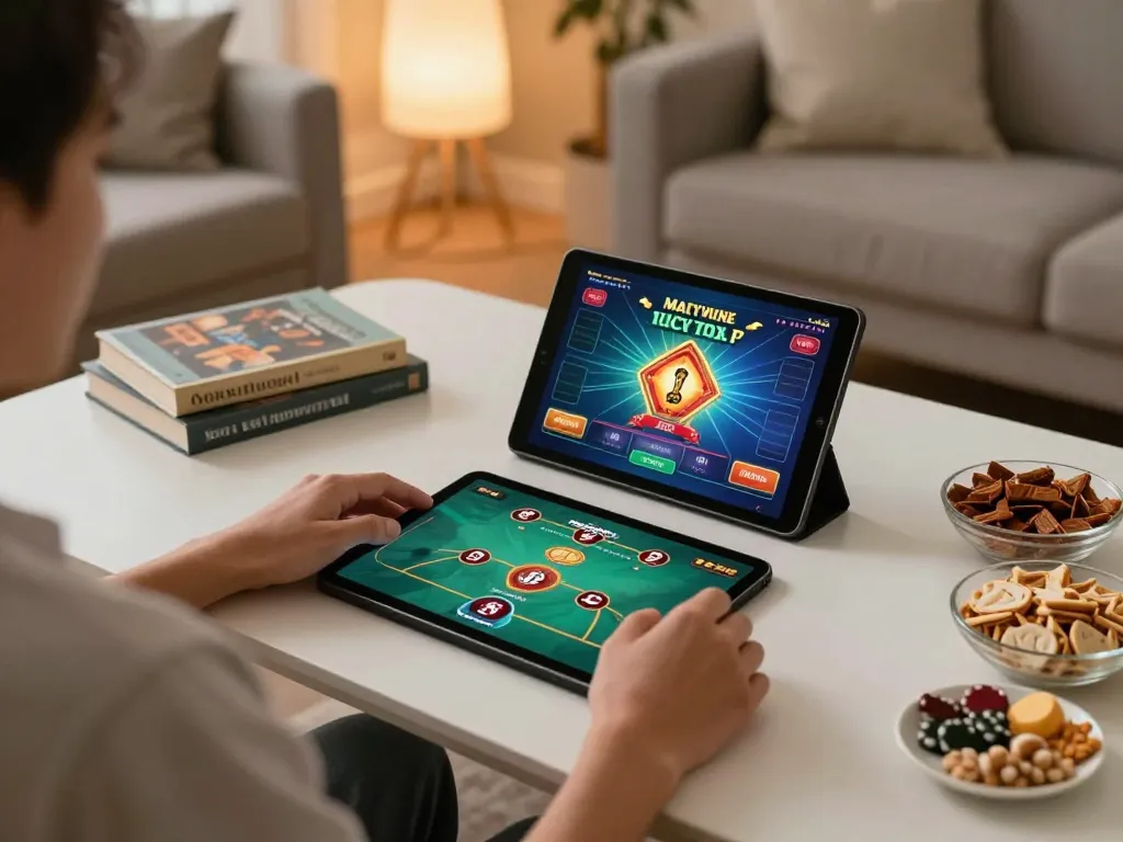 Person enjoying a poker game on God55 in a cozy home environment with vibrant tablet display