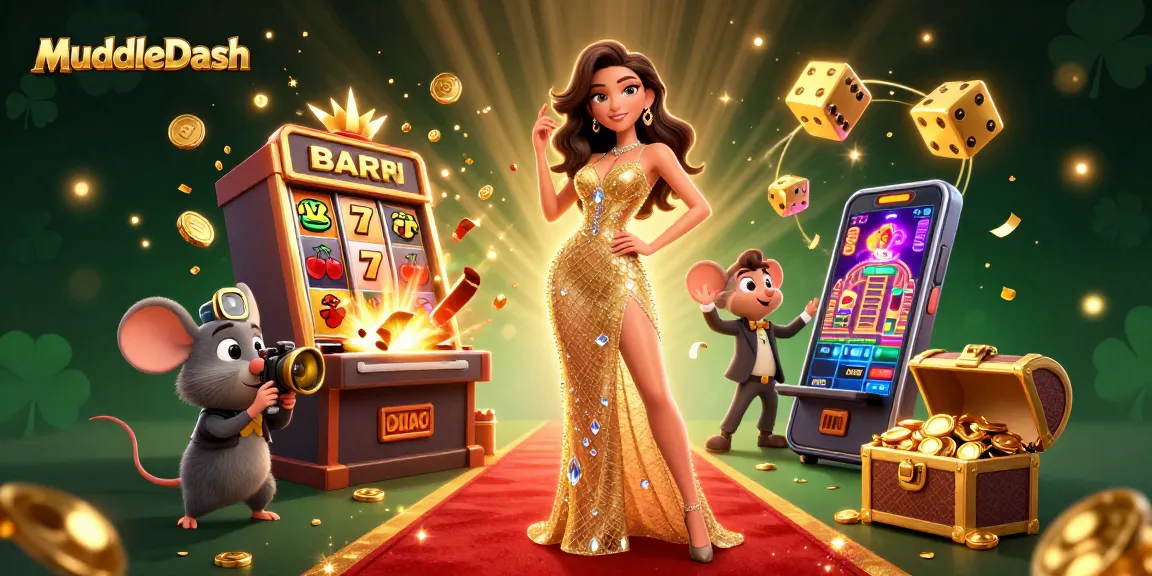 MuddleDash creates an electrifying casino scene with stunning characters amidst a jackpot explosion and vibrant game elements.