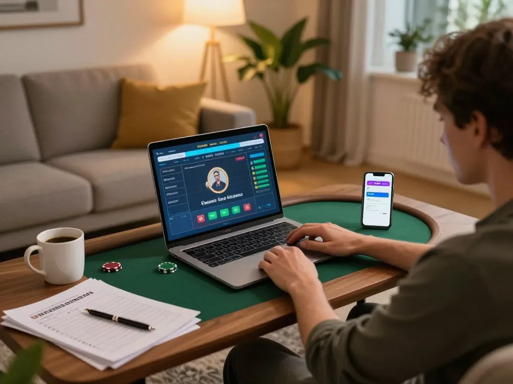 Engaging in a live poker game on OKFUN platform from a cozy home setup, showcasing strategic gambling.