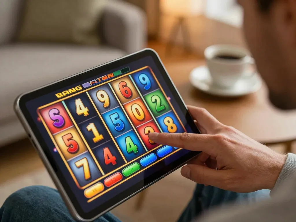 Engaging player tapping spin button on slot bonus game on smartphone, cozy home setting.