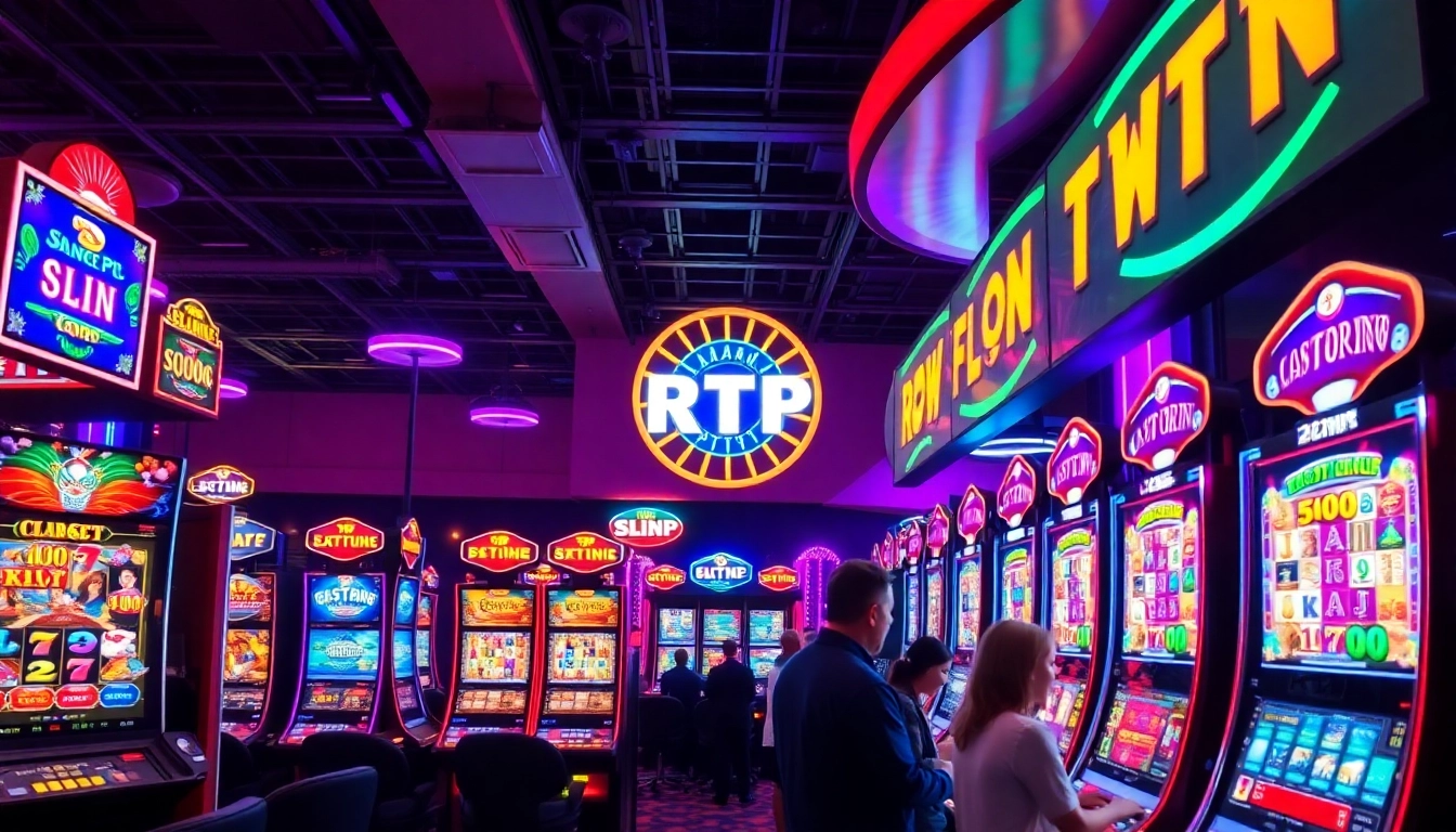 Play exciting RTP slot games in a lively casino environment filled with neon lights and vibrant graphics.