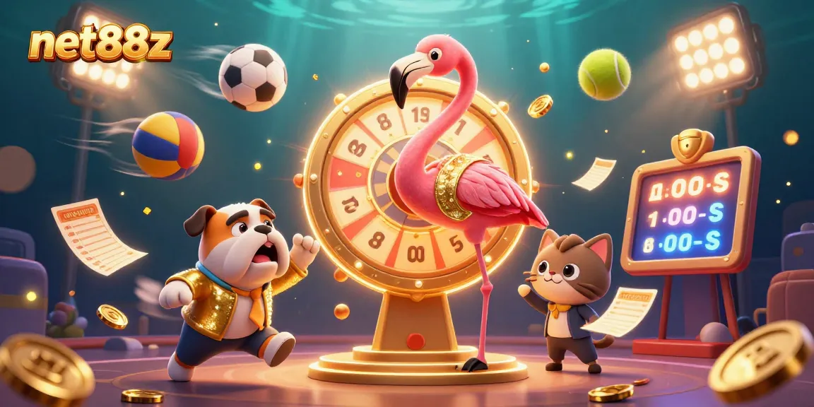Spin the net88z prize wheel with excitement as the bulldog contestant celebrates in this vibrant casino scene.