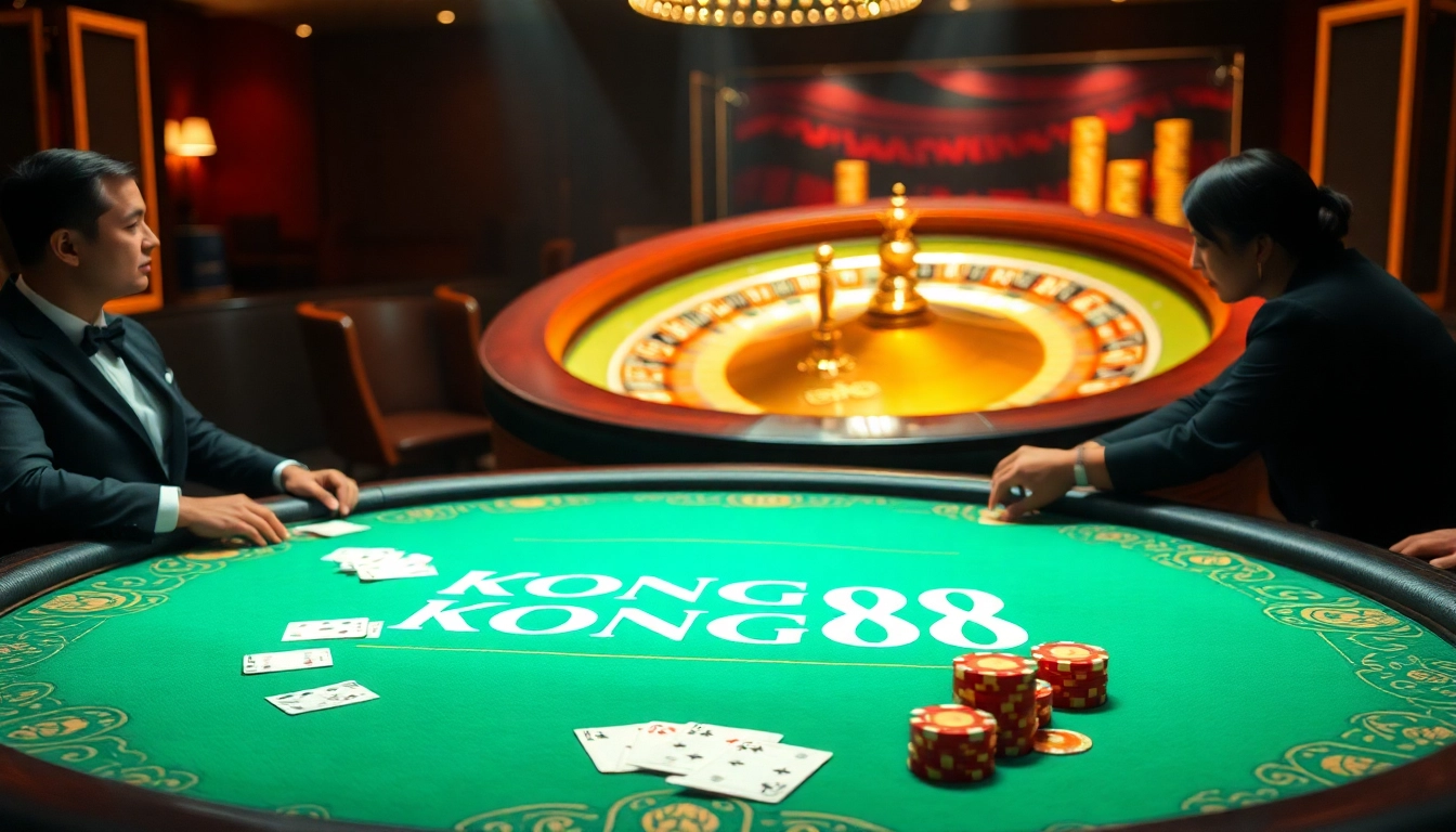 KONG88 poker chips stacked on a luxurious casino table surrounded by players in an exciting game.