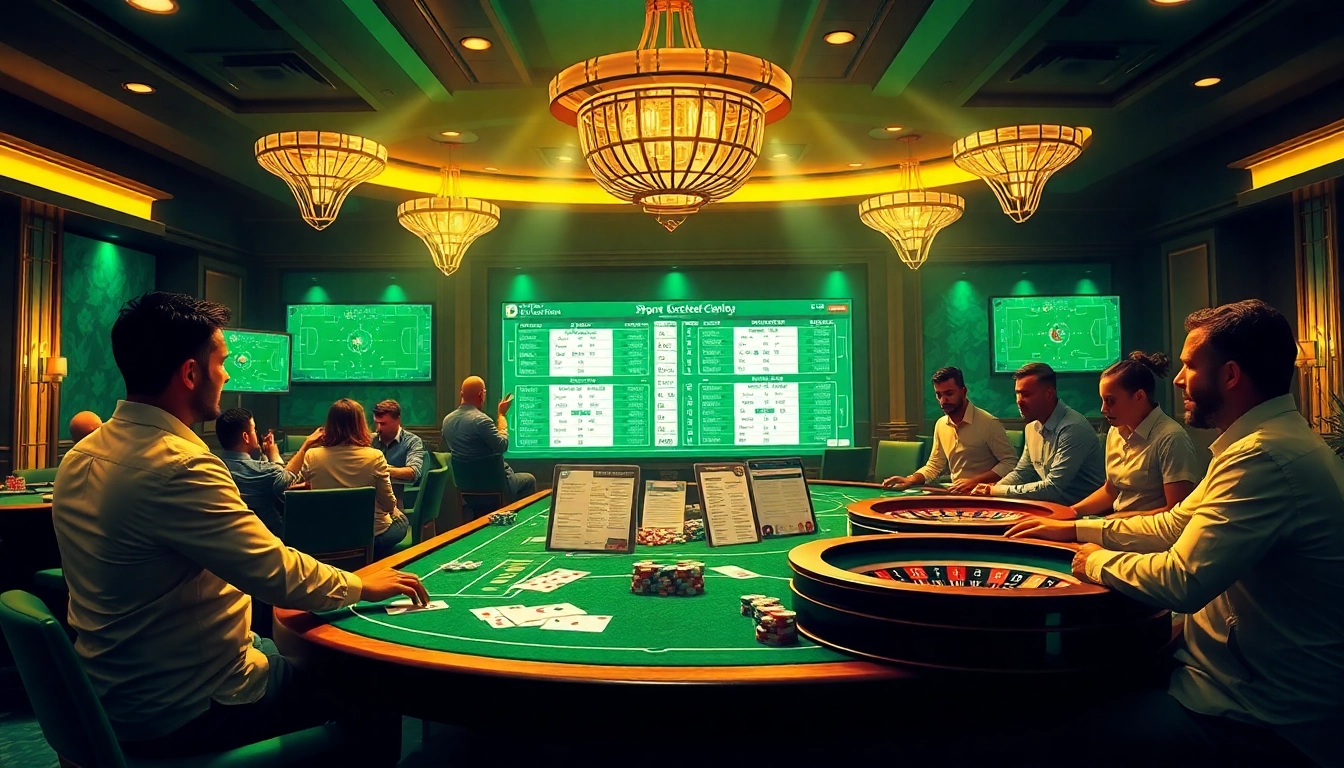 Experience thrilling Judi Bola betting with engaging players at a vibrant casino table.