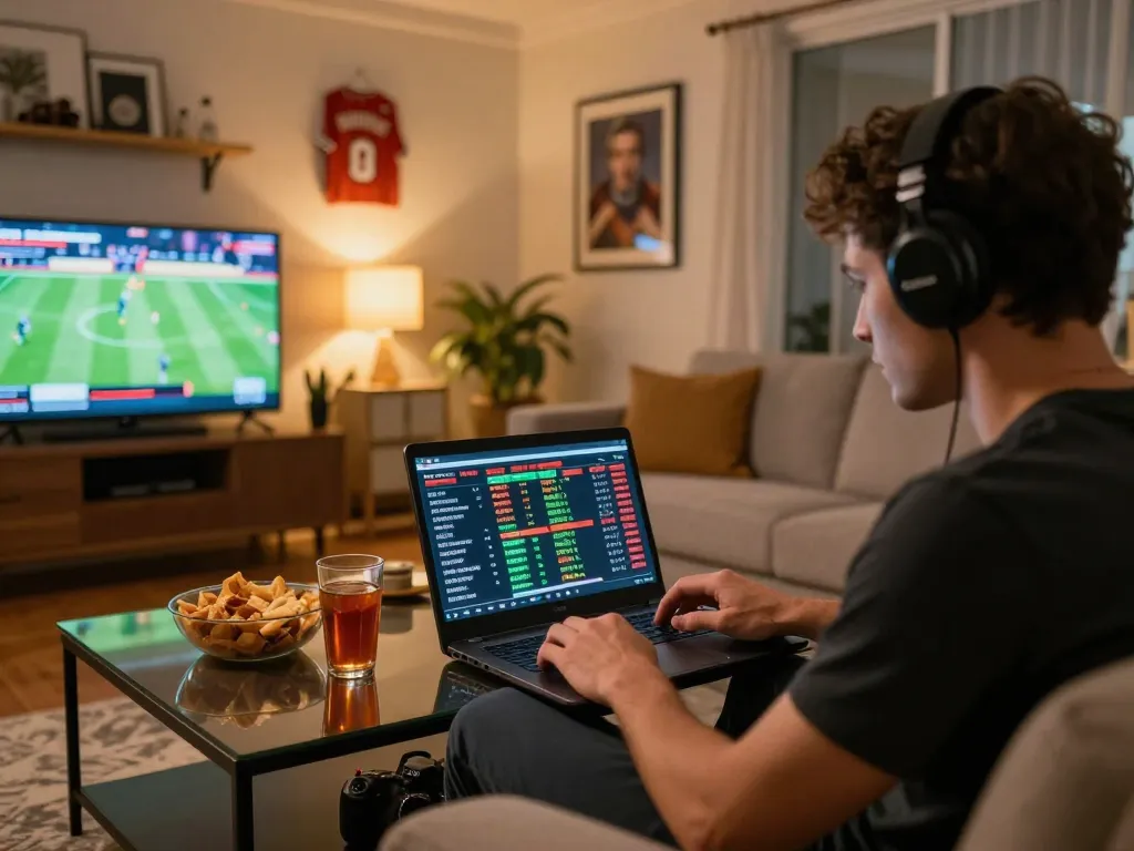 Soi kèo nhà cái hôm nay with a focused individual engaging in sports betting at home, analyzing statistics on a laptop