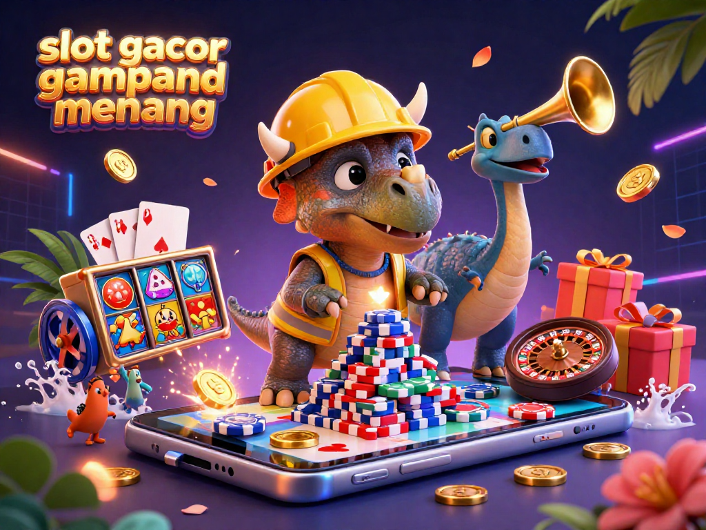 Win big with slot gacor gampang menang in this vibrant 3D casino scene, featuring rich game elements and lively characters.