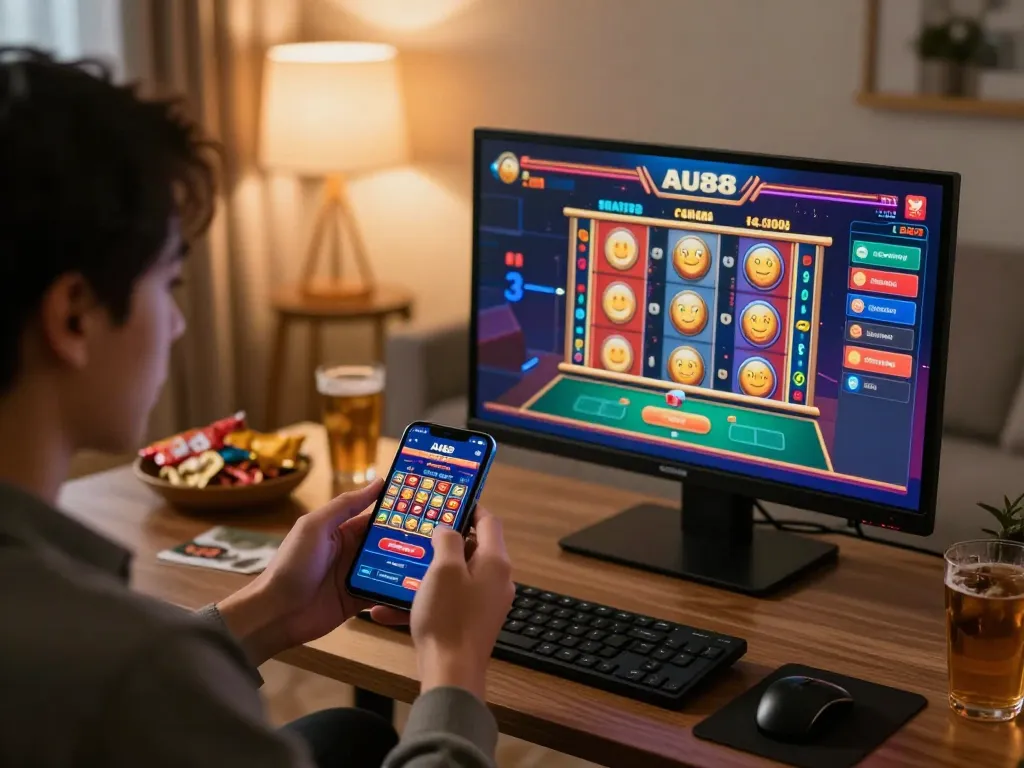 Engaged player using AU88 mobile app for casino gaming at home, showcasing interactive slot graphics.