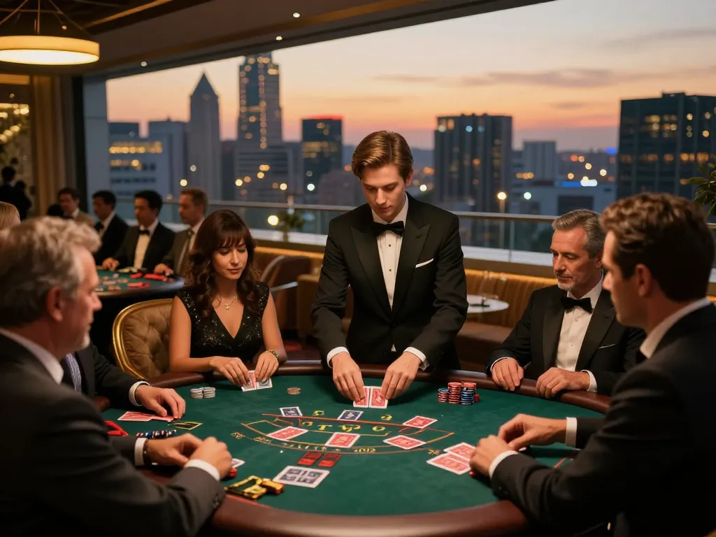 Players enjoying blackjack on a luxury terrace at 123B MVP casino, city skyline backdrop.
