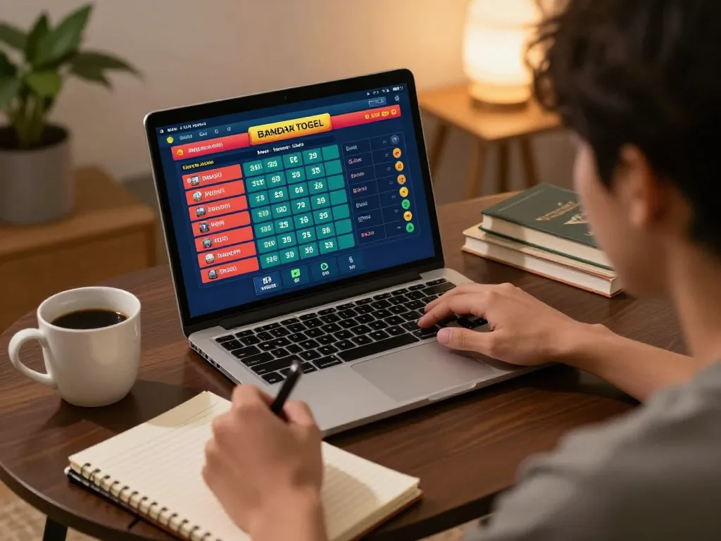 Bermain bandar togel secara daring di rumah dengan laptop dan catatan.