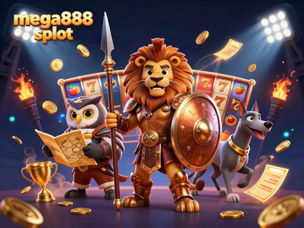Engage with the mega888 slot in a vibrant, dynamic casino scene featuring a heroic lion, wise owl, and swift greyhound.