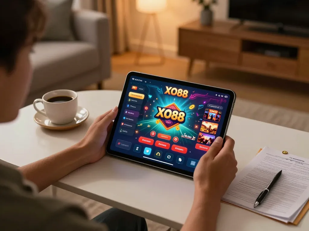 Player navigating the XO88 casino app on tablet, engaging in online gambling at home.
