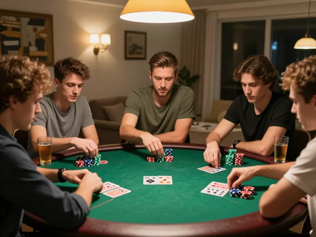 Friends enjoying an intense vk88 poker game at home with focused expressions and drinks.