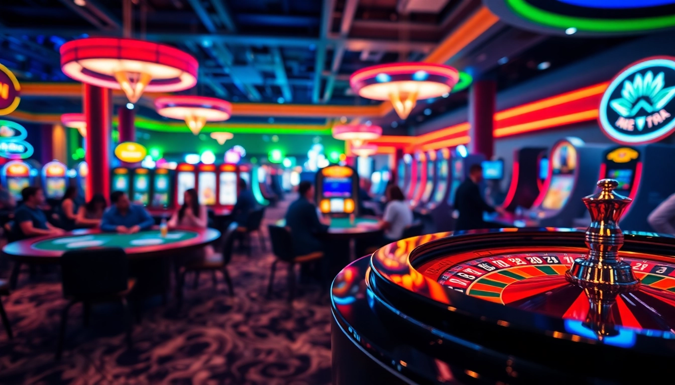 Engaging atmosphere of a DuitNow online casino with vibrant gaming tables and players enjoying their games.