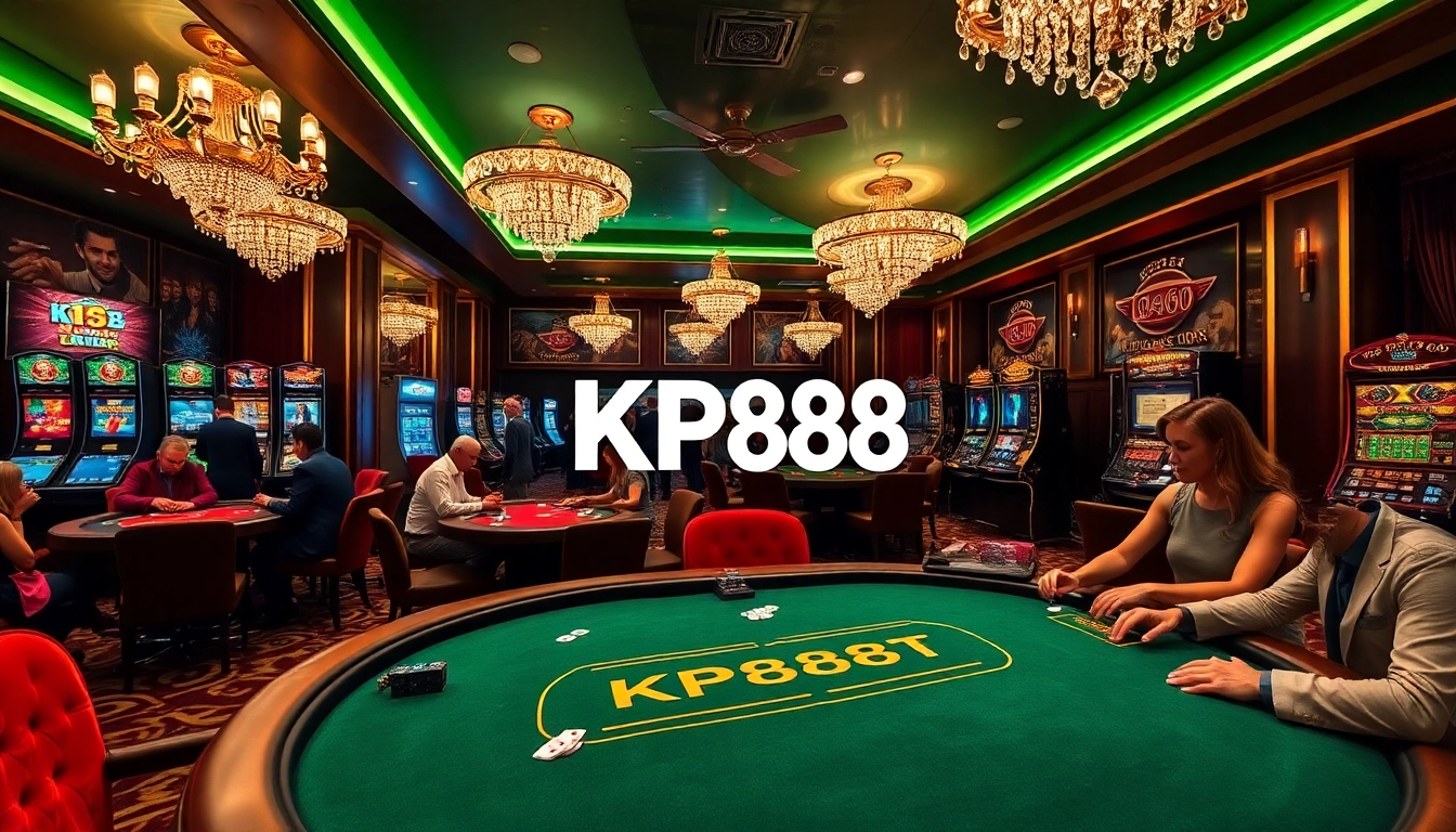 KP88 gaming table bustling with excitement in a luxurious casino setting.