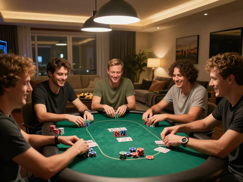 Playing poker with friends in a lively home setting, showcasing the download link for a secure casino app.
