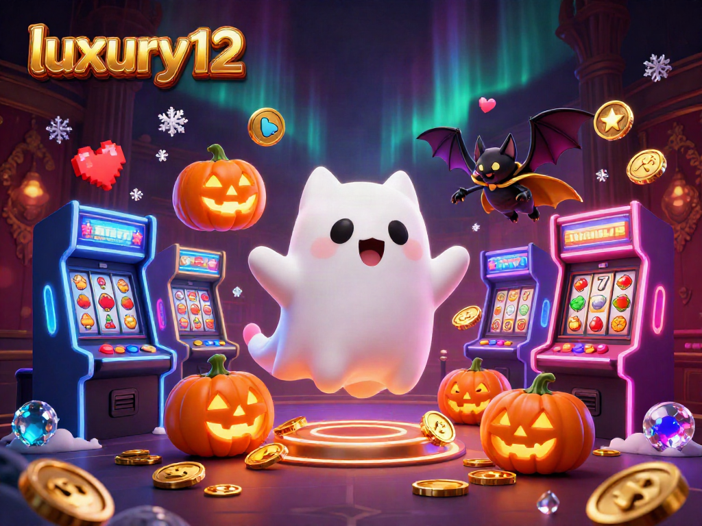 Gambarkan keseruan bermain di luxury12 dengan hantu kucing imut dan vampir bat dalam suasana kasino.