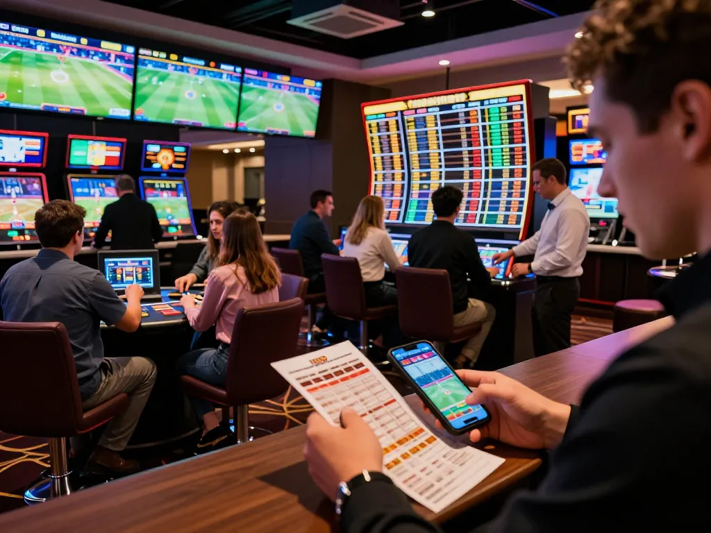 Engaging sports betting scene at Bsport with patrons placing bets and checking odds.
