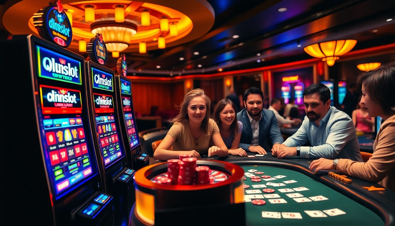 Play idnslot at an exciting casino featuring vibrant slot machines and engaged poker players.