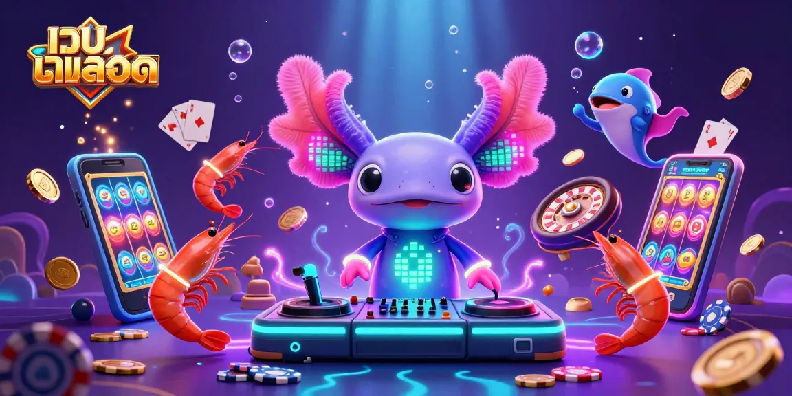 Engage with เว็บสล็อต through a vibrant 3D neon casino scene featuring an axolotl DJ, shrimp dancers, slot games, and dynamic casino elements.