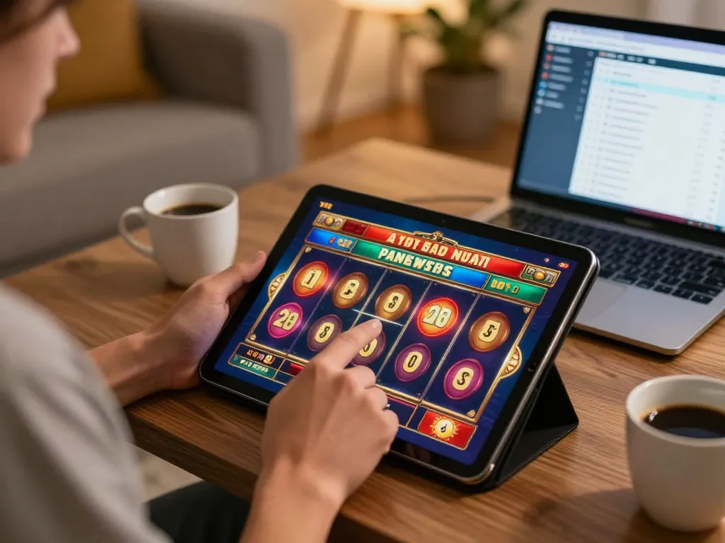 Pemain menikmati permainan slot Tempo123 di tablet di setting rumah yang nyaman, menunjukkan momen perjudian yang menyenangkan.