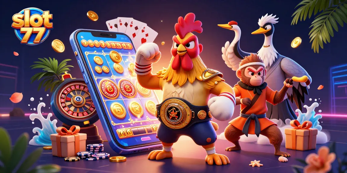 Experience thrilling action with slot 77 in this vibrant 3D casino illustration.