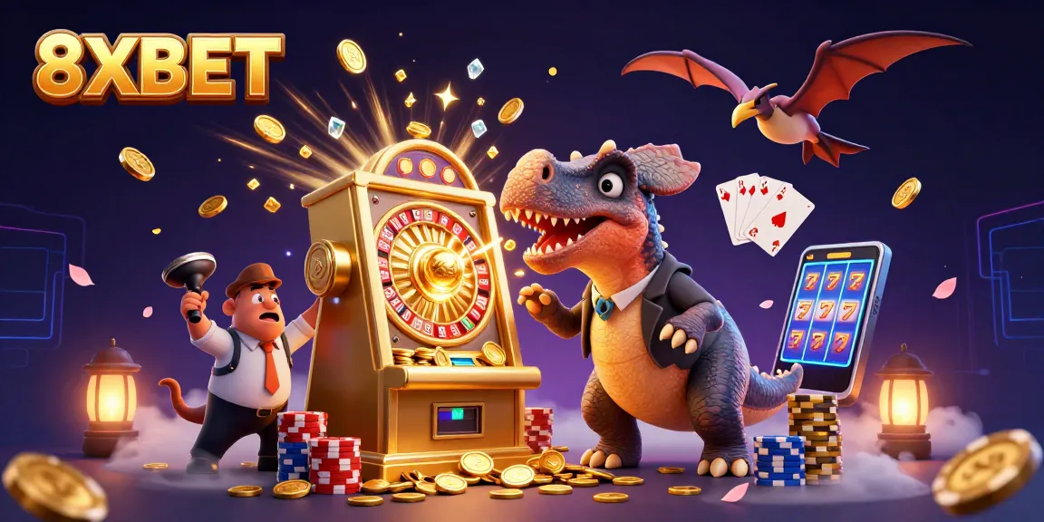 8XBET casino scene with animated characters celebrating jackpot wins amidst flying coins and vibrant gaming elements