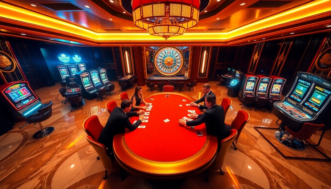 Engaged gamblers at the 13win poker table celebrate wins in a luxurious casino environment.