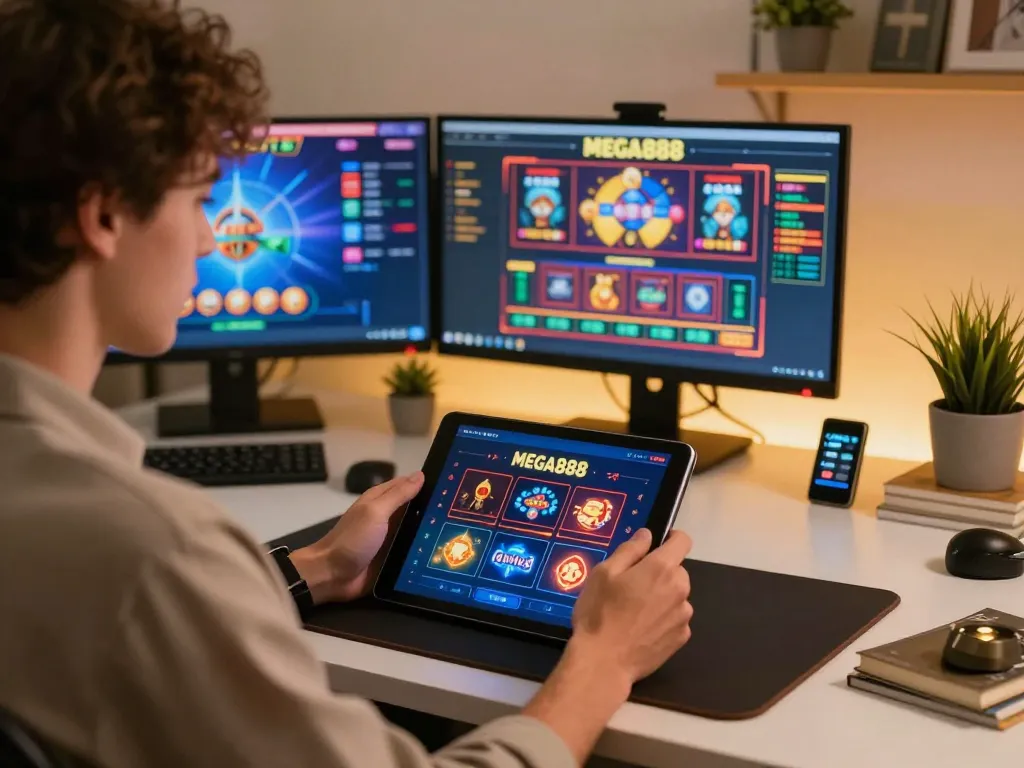 Engaging online gaming experience with MEGA888 app on tablet, showcasing excitement in a cozy setup.