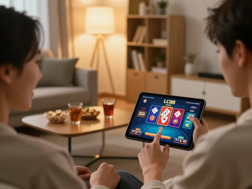 Player using a tablet for online casino with LC88 link displayed, cozy home atmosphere