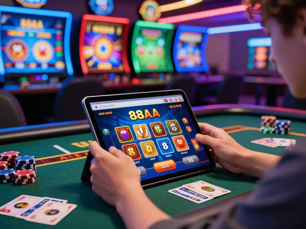 Engaging scene of a player using the 88aa top betting platform on a tablet, surrounded by dynamic casino elements.