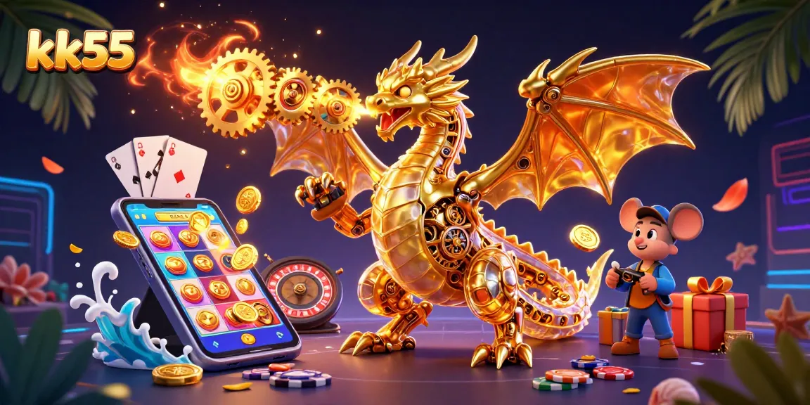 Play exciting slot games with kk55 amidst a vibrant casino scene featuring a dragon and 3D elements.