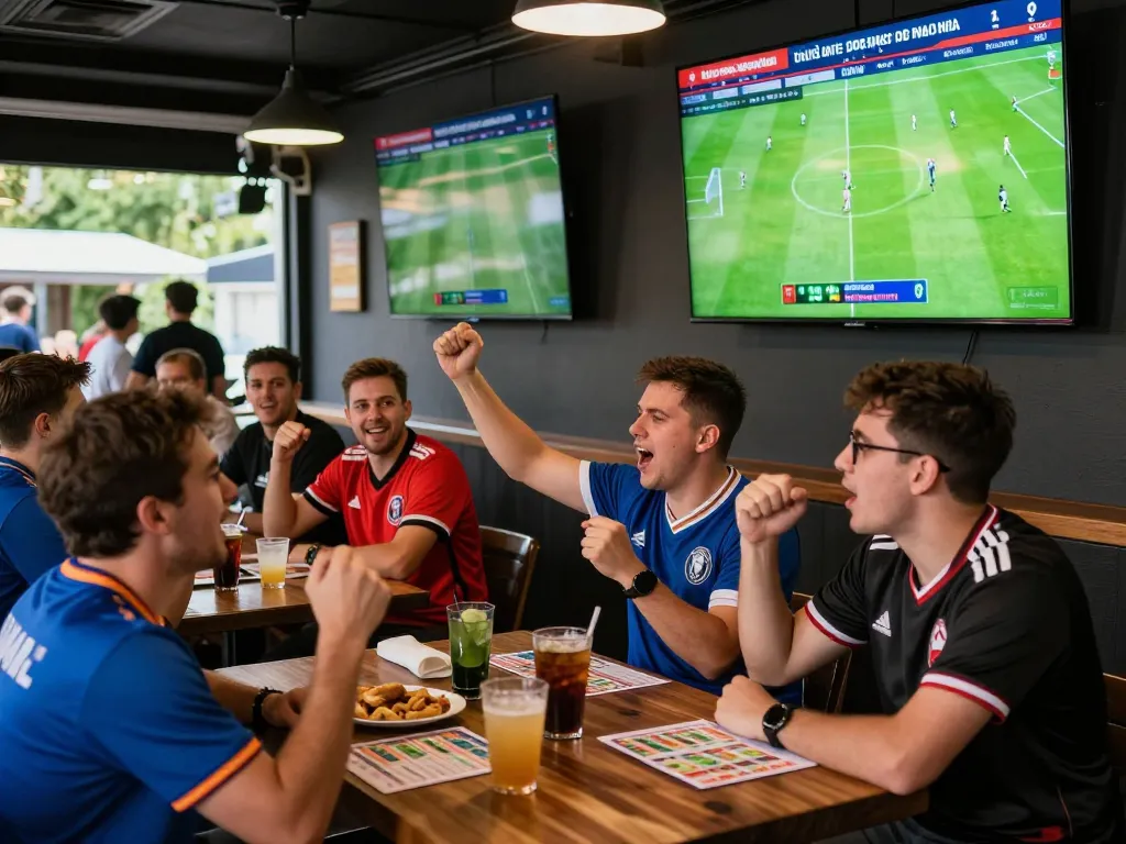 Fans celebrating tỷ lệ kèo bóng đá in a lively sports bar.