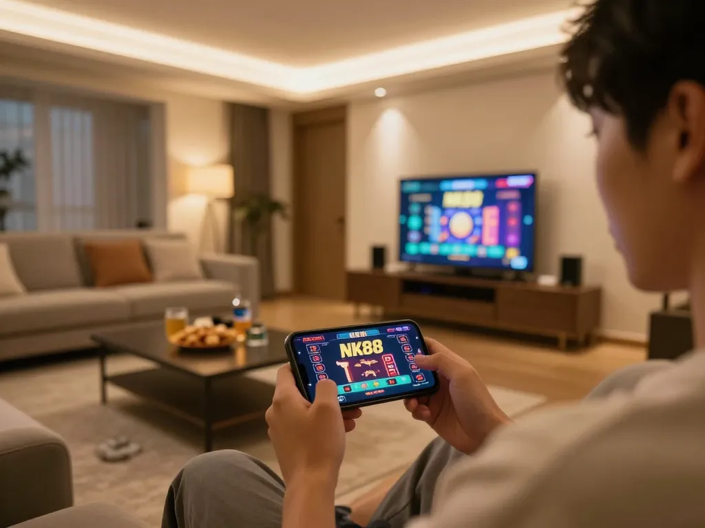 NK88 casino app user placing bets on smartphone in cozy home setting