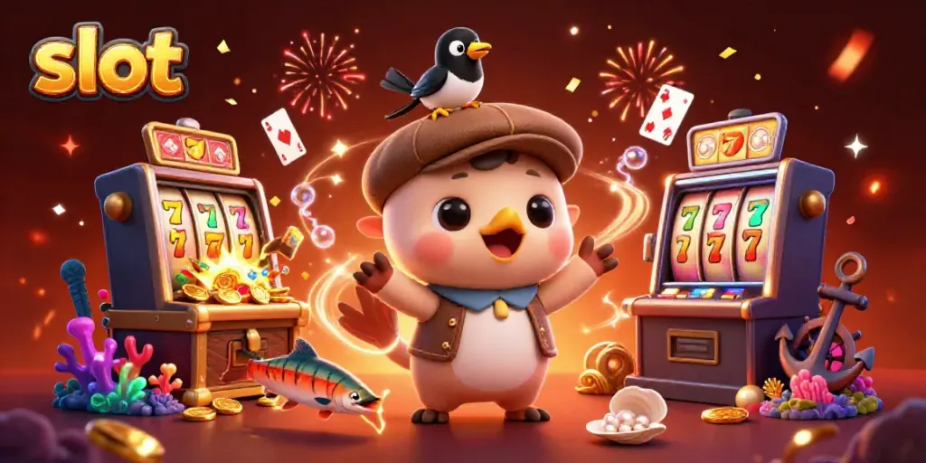 Engaging illustration of a baby Nessie with gold-obsessed magpie and slot machines surrounded by colorful gems.
