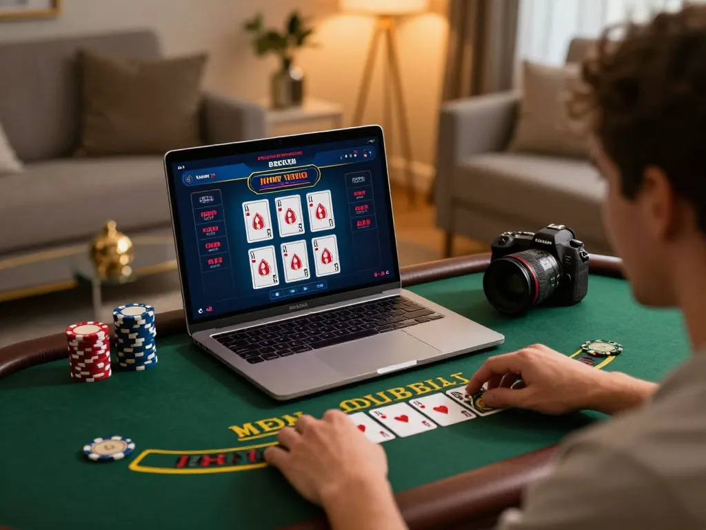 Playing blackjack online through Tg88 link on a stylish laptop setup in a cozy living room.