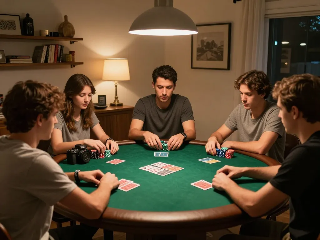 Live Casino poker night with players engaged in friendly competition at a round table.