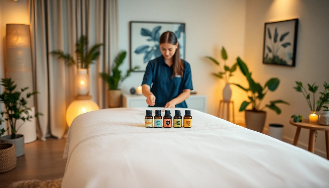 평택출장마사지: A skilled therapist prepares for a soothing home massage in a serene setting.