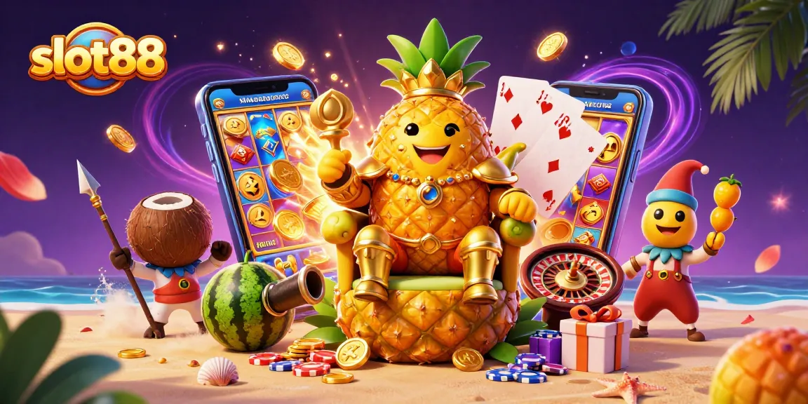 Slot88 menampilkan raja nanas emas dan karakter unik dalam suasana kasino yang meriah.