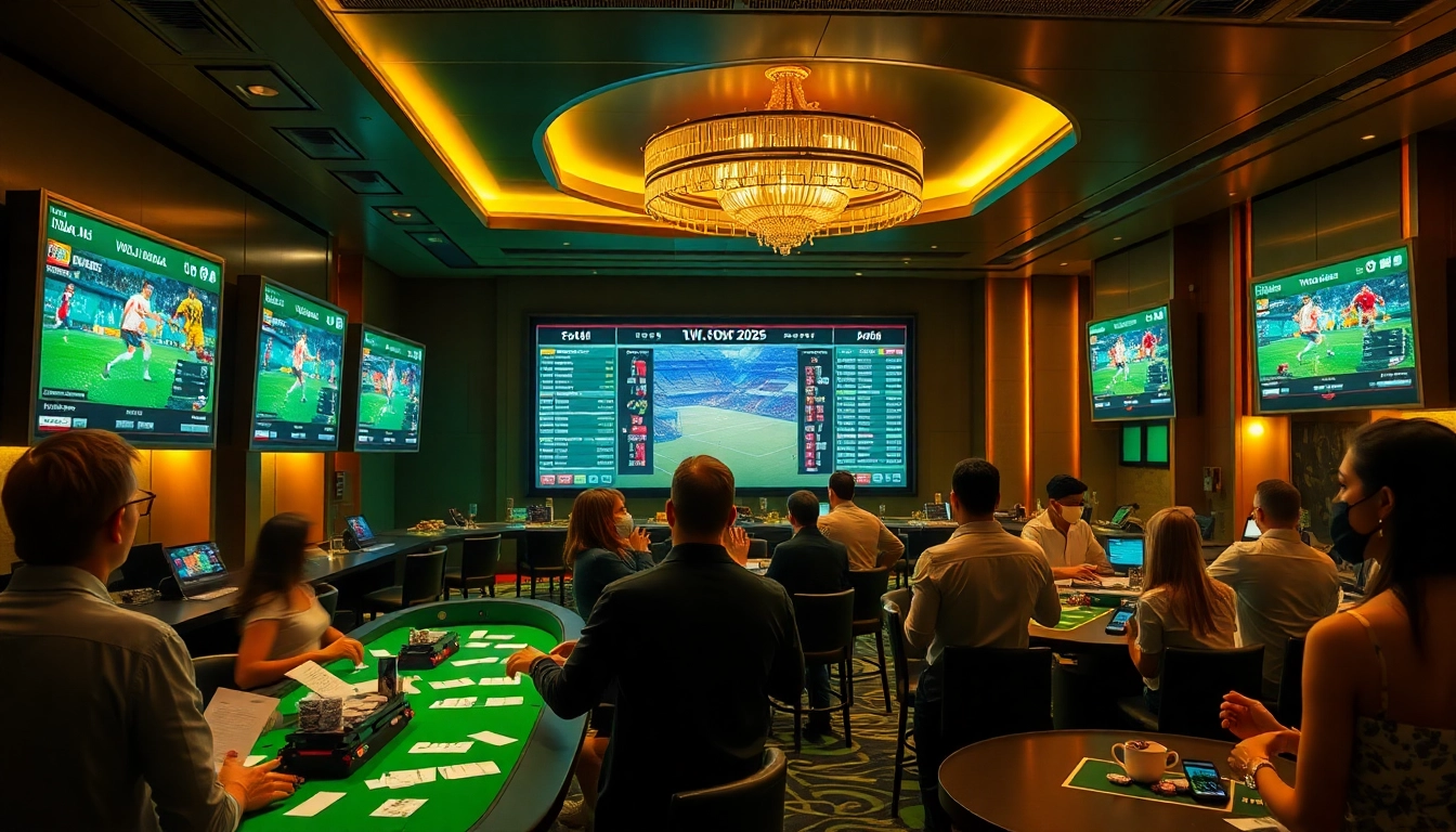 Exciting Judi Bola action with bettors placing wagers in a vibrant sportsbook environment.
