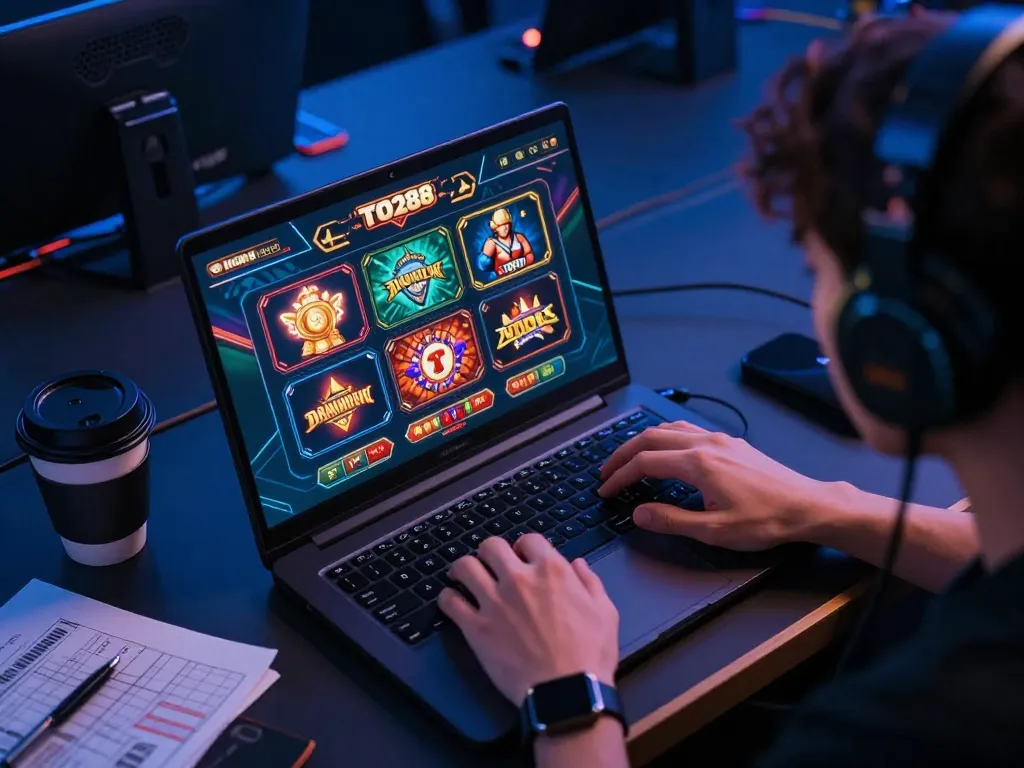 Engaging user utilizing TO288 online casino game on laptop with strategic notes visible.