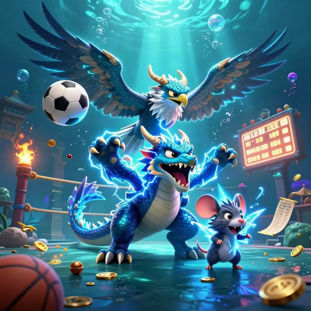 Thunder dragon, wind hawk, and static mouse amid flying balls, coins, and cyan glow.